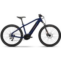 Blue Haibike Alltrack 4 27.5" mountain bike with black tires, disc brakes, and front suspension fork.