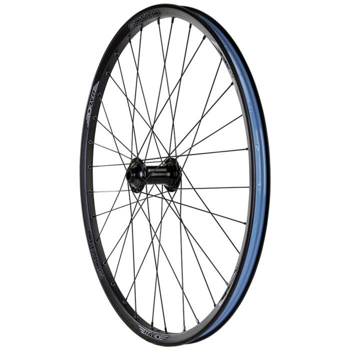 26" Halo Chaos Dirt Jump front wheel featuring a black rim with a blue accent, sturdy spokes, and a black hub, designed for durability and performance in dirt jumping.
