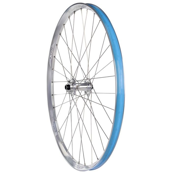 Silver 27.5" Halo Gravitas MT front wheel featuring a blue rim and a 110 x 15mm Boost hub, with a sleek design and multiple spokes for durability.