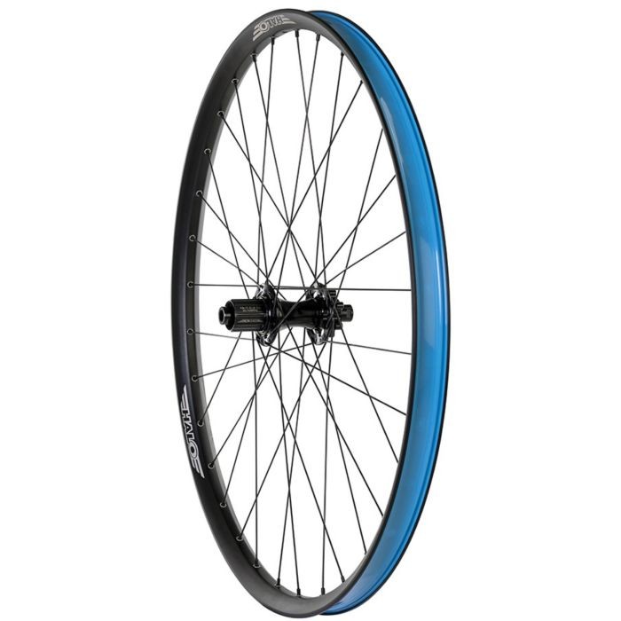 Halo Skelta MT Boost rear wheel features a black rim with a striking blue accent, designed for 27.5" bikes and compatible with Shimano MicroSpline, showcasing durable spokes and a sleek finish.