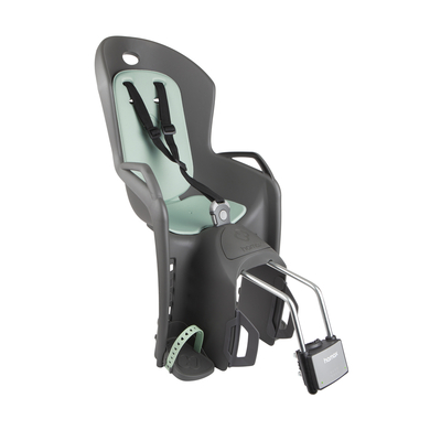 Dark grey child seat frame with a mint green interior, featuring adjustable straps, a sturdy metal mount, and a footrest for secure and comfortable cycling.