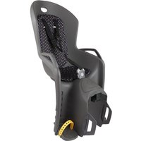 Grey Hamax Amiga child seat with black polka dot padding, adjustable straps, and footrests for pannier rack attachment.