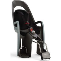 Green and black Hamax Caress child bike seat with adjustable harness, footrests, and ergonomic back support.