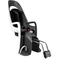 White and black Hamax Caress child bike seat with adjustable harness, reclining feature, and footrests.