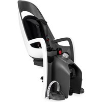 White and black Hamax Caress child bike seat with adjustable harness, footrests, and sleek ergonomic design.