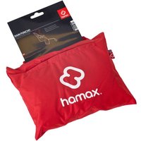 Red Hamax Child Rain Poncho in compact pouch with white logo and hanging tag.
