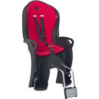 Black and red Hamax Kiss child bike seat with adjustable harness and footrests.