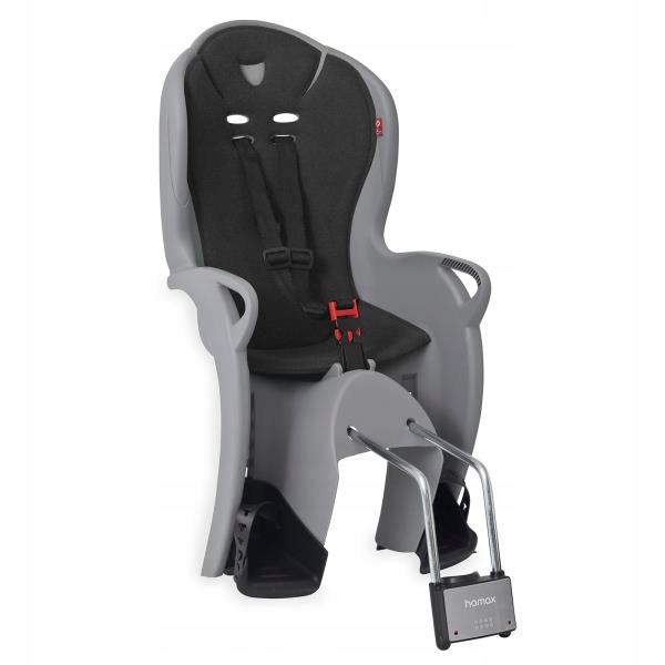Hamax Kiss Baby Seat in black and grey, featuring a sturdy plastic frame, adjustable harness, and bow bracket for secure attachment to bicycles.