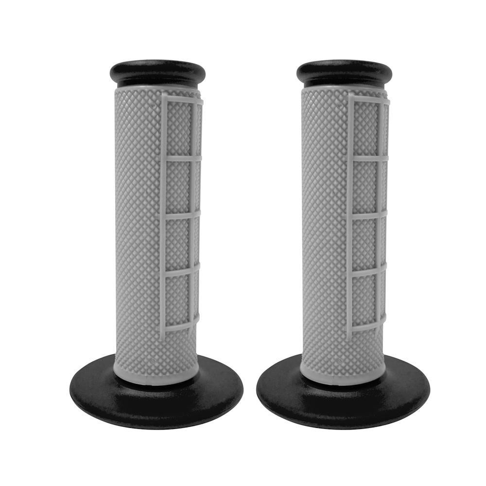 Grey and black rubber handlebar grips featuring a textured surface for improved grip, with a cylindrical shape and flared ends for secure installation.