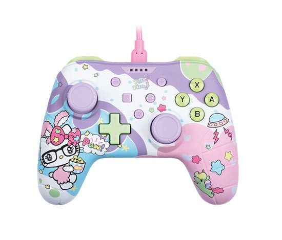Wired Nintendo Switch controller featuring a pastel color scheme with Hello Kitty and whimsical designs, including stars, UFOs, and a pink cable.