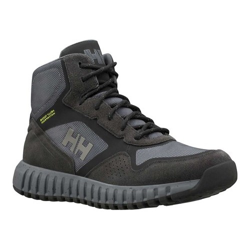 Black and grey hiking trainers featuring a high-top design, mesh and suede materials, prominent Helly Hansen logo, and rugged rubber sole for traction.