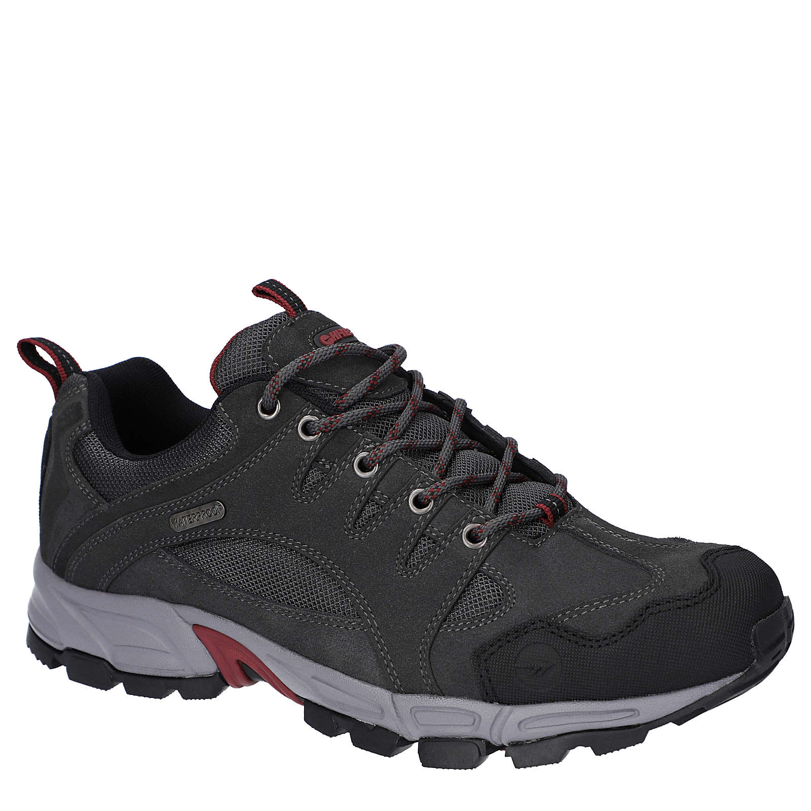 Grey Hi-Tec 'Auckland Lite' men's hiking shoes feature a breathable mesh upper, padded collar, red accents, and a rugged outsole, available in size 7.