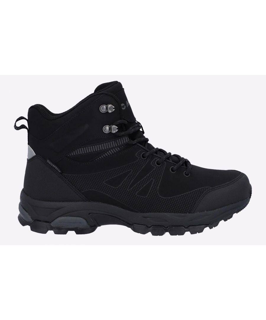 Black and carbon grey Hi-Tec Jackdaw Mid WP hiking boots made of polyester, featuring a high-top design, lace-up closure, and rugged sole for enhanced traction.