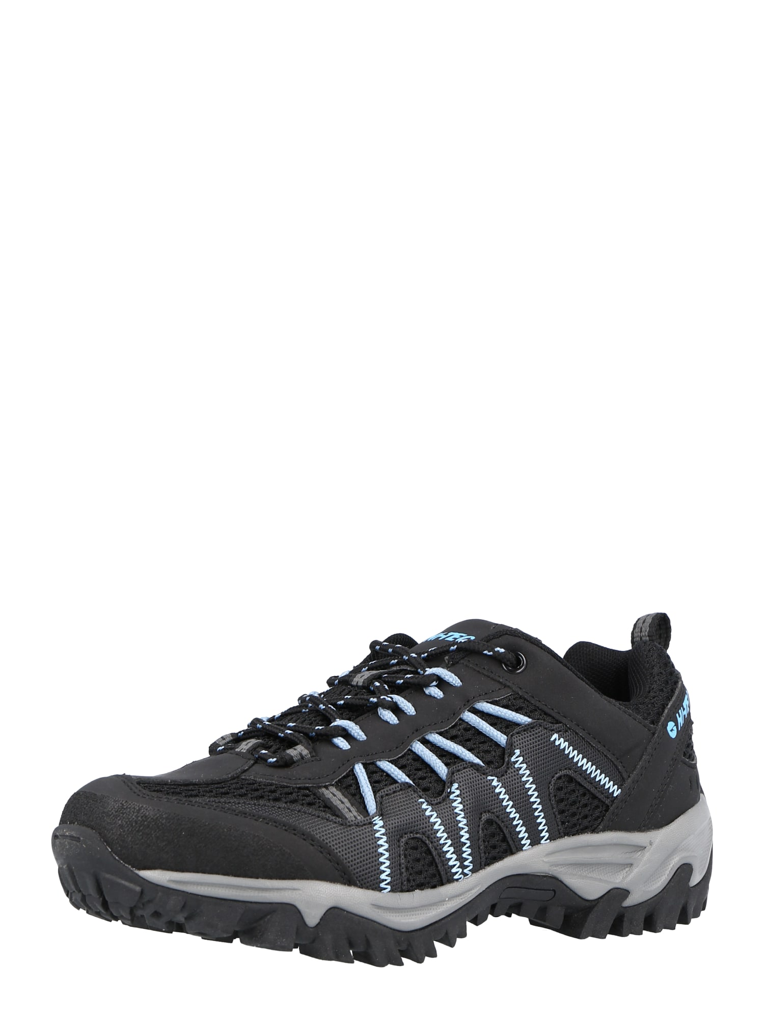 Black waterproof hiking shoe with blue accents, featuring a durable upper, lace-up design, and a rugged rubber sole for traction on various terrains.