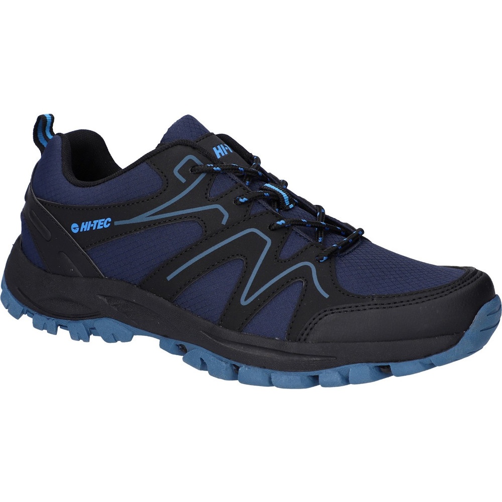 Blue Hi-Tec 'Maine' hiking boots feature a breathable mesh upper, black synthetic overlays, and a rugged outsole, designed for comfort and traction, available in size 7.