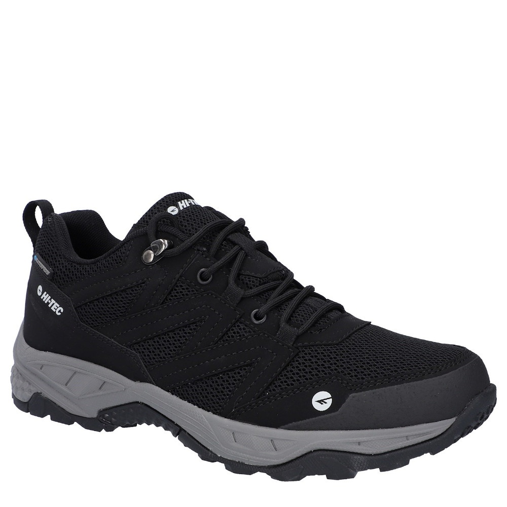 Black Hi-Tec Men’s 'Saunter WP' hiking shoes feature a breathable mesh upper, sturdy rubber sole, and lace-up design, available in size 7.