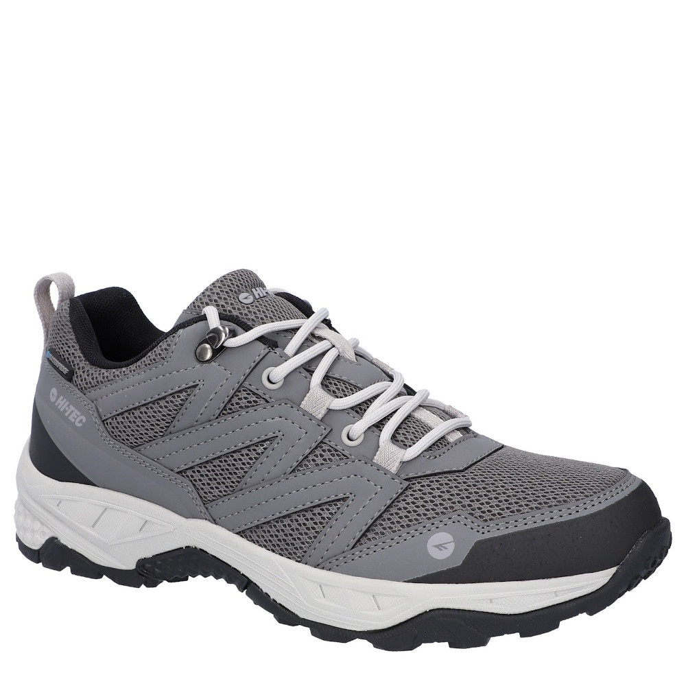 Hi-Tec Menโs 'Saunter WP' hiking shoes in grey feature a breathable mesh upper, sturdy rubber sole, and reflective accents, available in size 8.