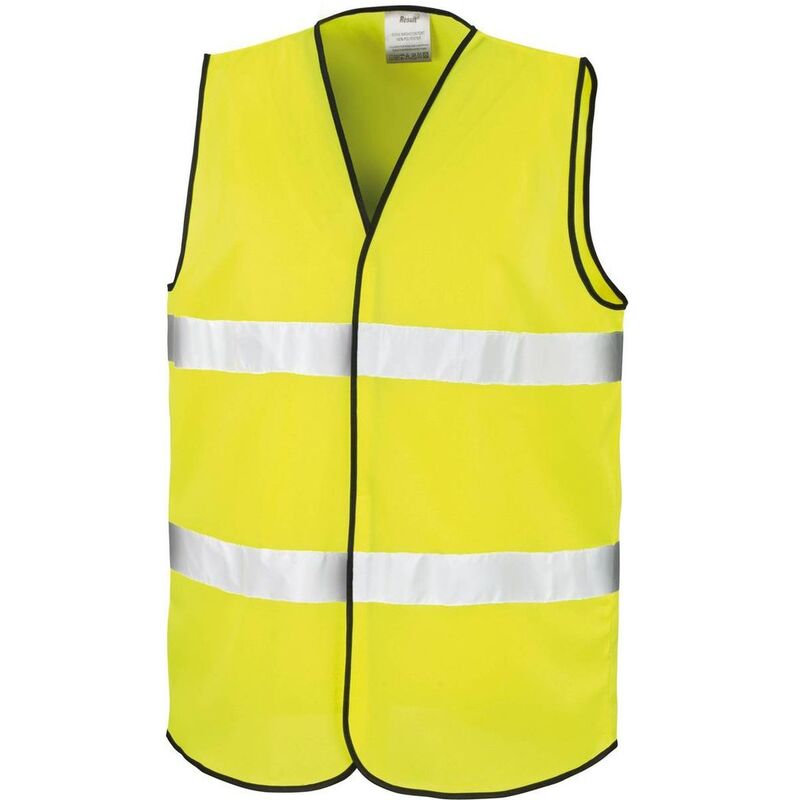 High visibility yellow safety vest made of lightweight material, featuring two horizontal reflective stripes and a black trim along the edges.