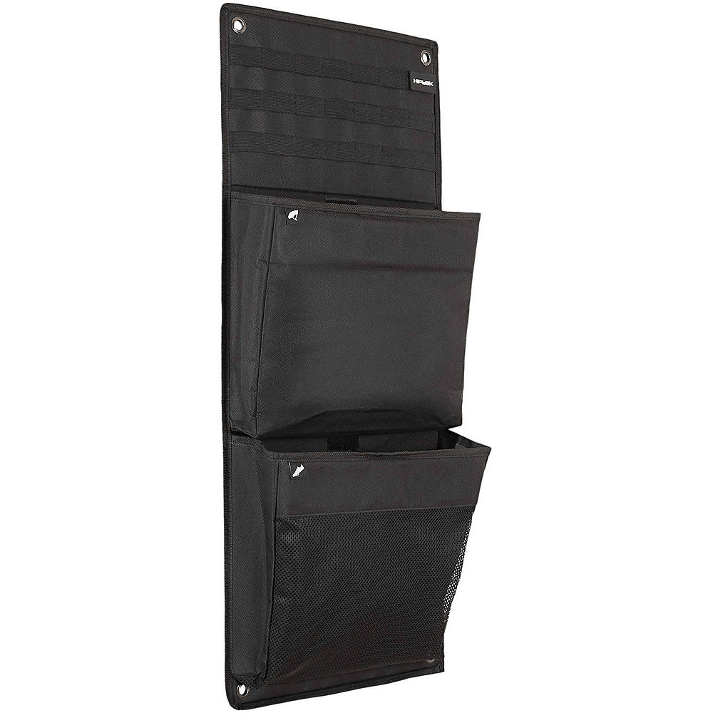 Black Hiplok Organizer featuring multiple pockets, a mesh bottom compartment, and a sturdy fabric construction, designed for efficient storage and organization.