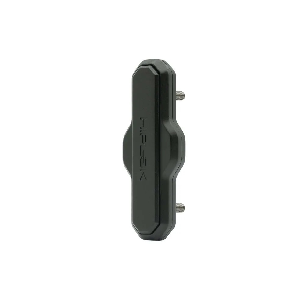 Black Hiplok TRACK Airtag holder made of durable plastic, featuring a sleek design with two screw holes for secure attachment, and embossed branding on the surface.