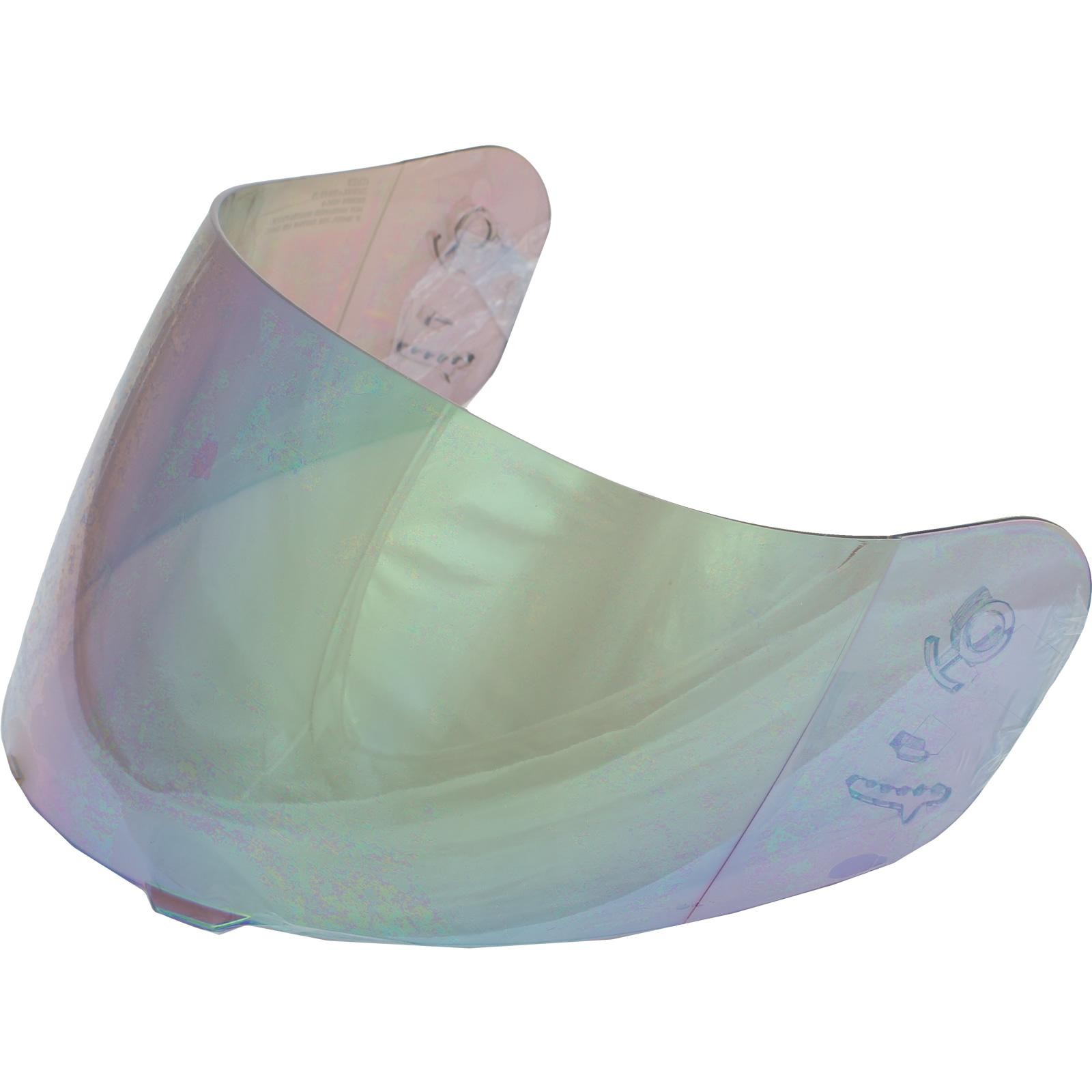 Iridium green visor for HJC helmets, featuring a sleek, reflective finish with a curved shape and mounting points for easy attachment.