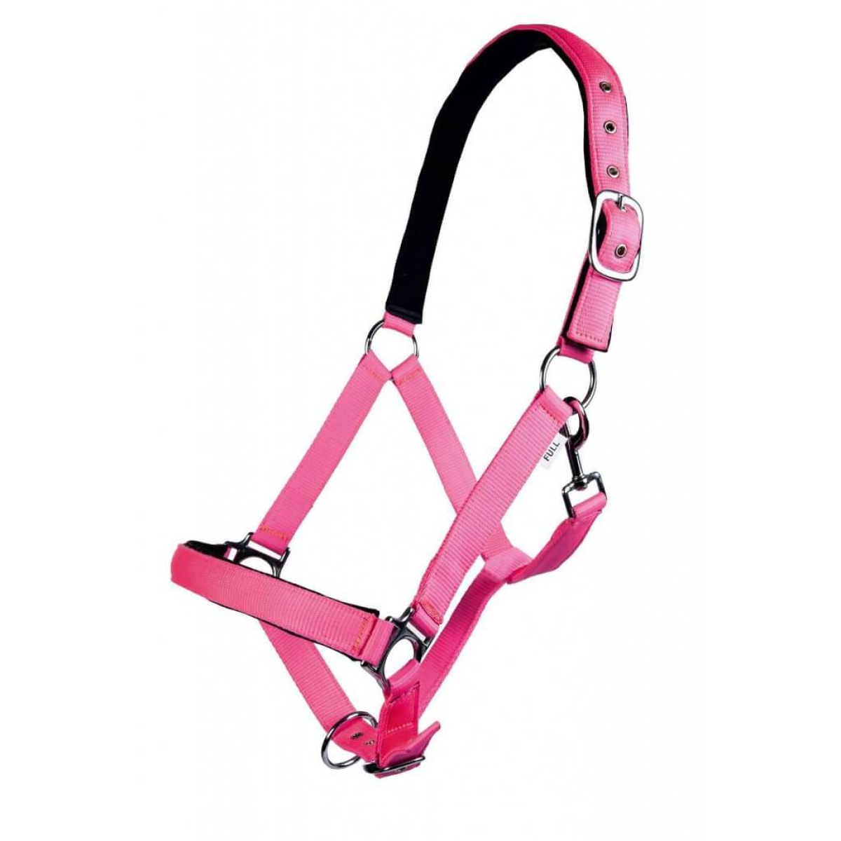 Neon pink head collar with soft padding, adjustable straps, and metal buckles, designed for extra full size, featuring a star pattern on the straps.