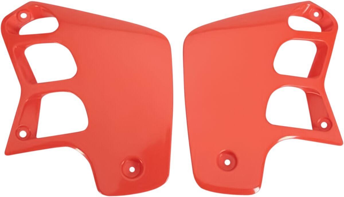 Bright orange UFO radiator scoops for Honda CR125 (1989-90) and CR250 (1988-89), featuring a glossy finish and three cut-out vents on each scoop for improved airflow.