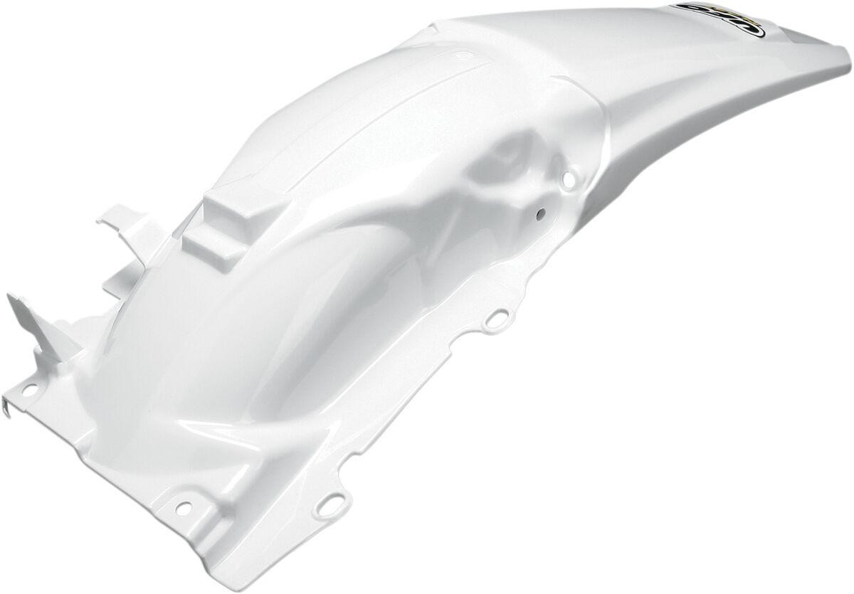 White rear fender for Honda CRF250X (2004-2017) by UFO, featuring a smooth, glossy finish with molded contours and mounting points for easy installation.