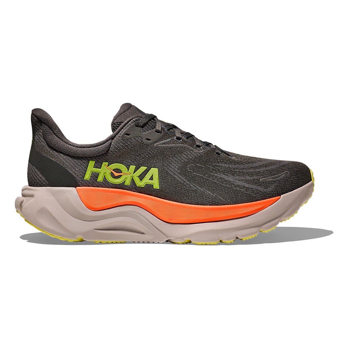Men's HOKA Arahi 8 road running shoes feature a dark asphalt upper with a textured finish, bright orange and yellow accents, and a cushioned sole for support, size 9.5.