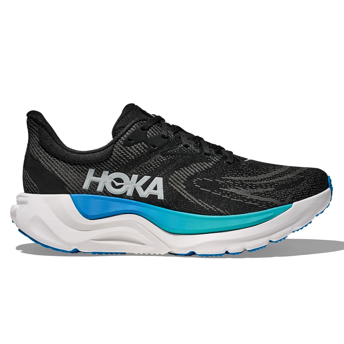 Men's HOKA Arahi 8 shoes in black and skyward blue, featuring a breathable mesh upper, cushioned midsole, and a distinctive HOKA logo on the side.