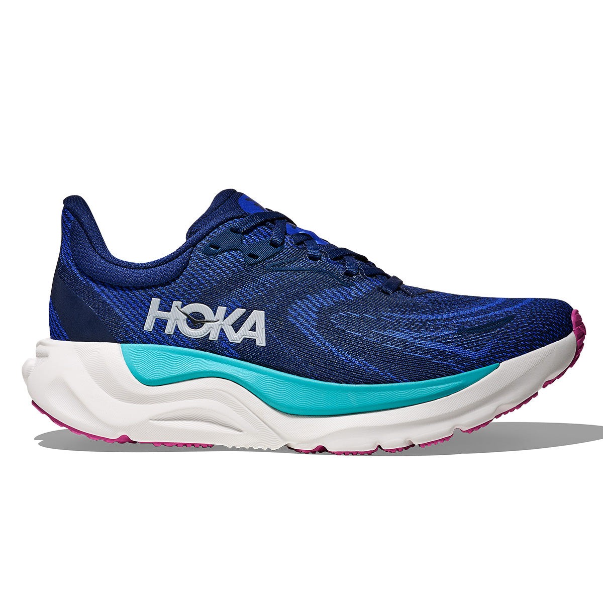 HOKA Women's Arahi 8 road running shoes in midnight blue and ultramarine, featuring a breathable mesh upper, cushioned sole, and a prominent HOKA logo. Size 4.