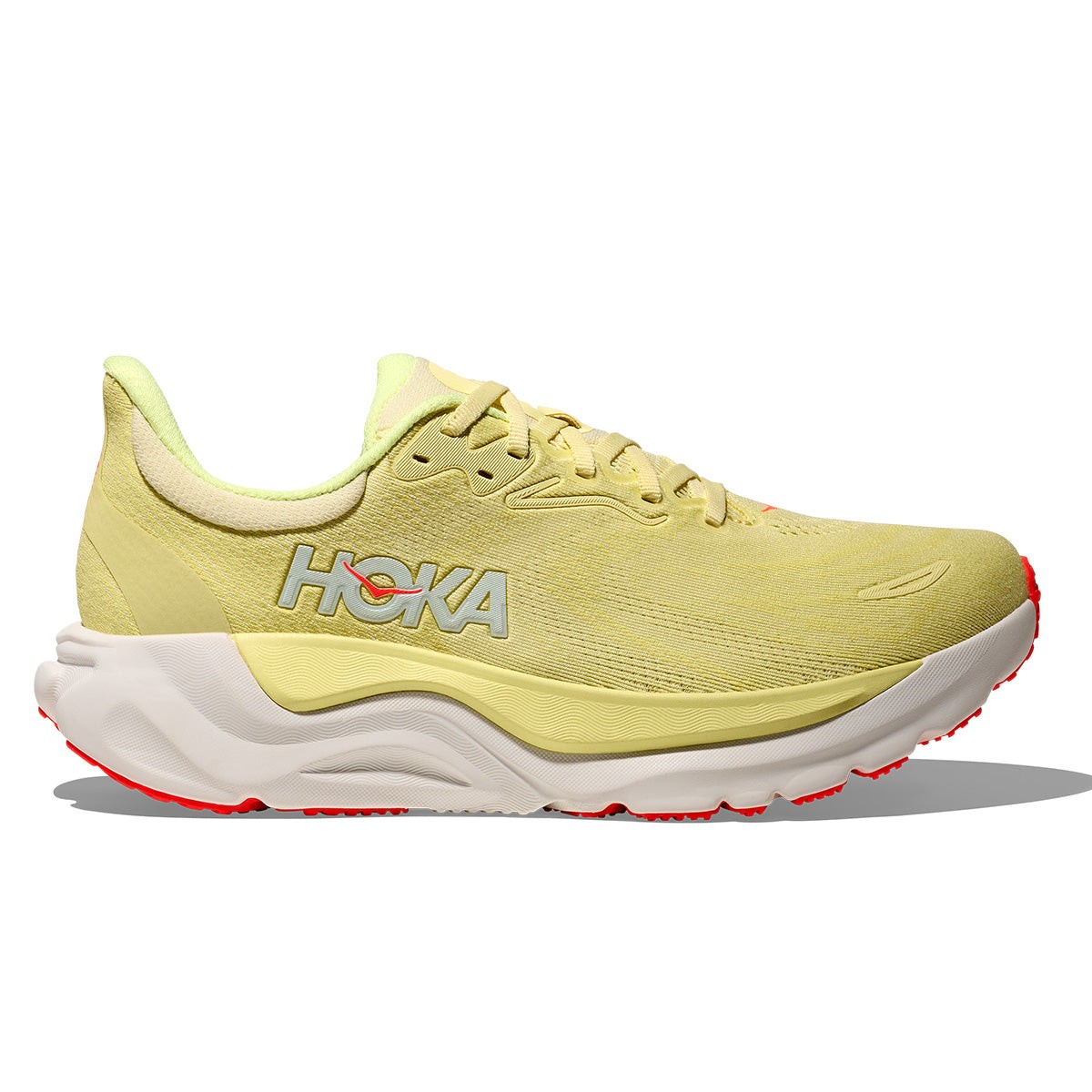 HOKA Women's Arahi 8 Road Running Shoes in Sunlight/Neon Yuzu, featuring a lightweight yellow mesh upper, cushioned sole, and vibrant red outsole, size 4.5.