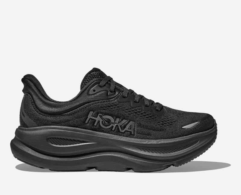Men's Hoka Bondi 9 in black, featuring a breathable mesh upper, cushioned midsole, and a sleek design with prominent HOKA branding on the side.