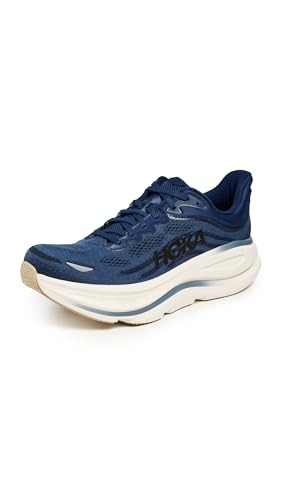 HOKA Men's Bondi 9 Shoes in Midnight Blue and Varsity Navy, featuring a breathable mesh upper, cushioned sole, and a sleek design, size 10.5.