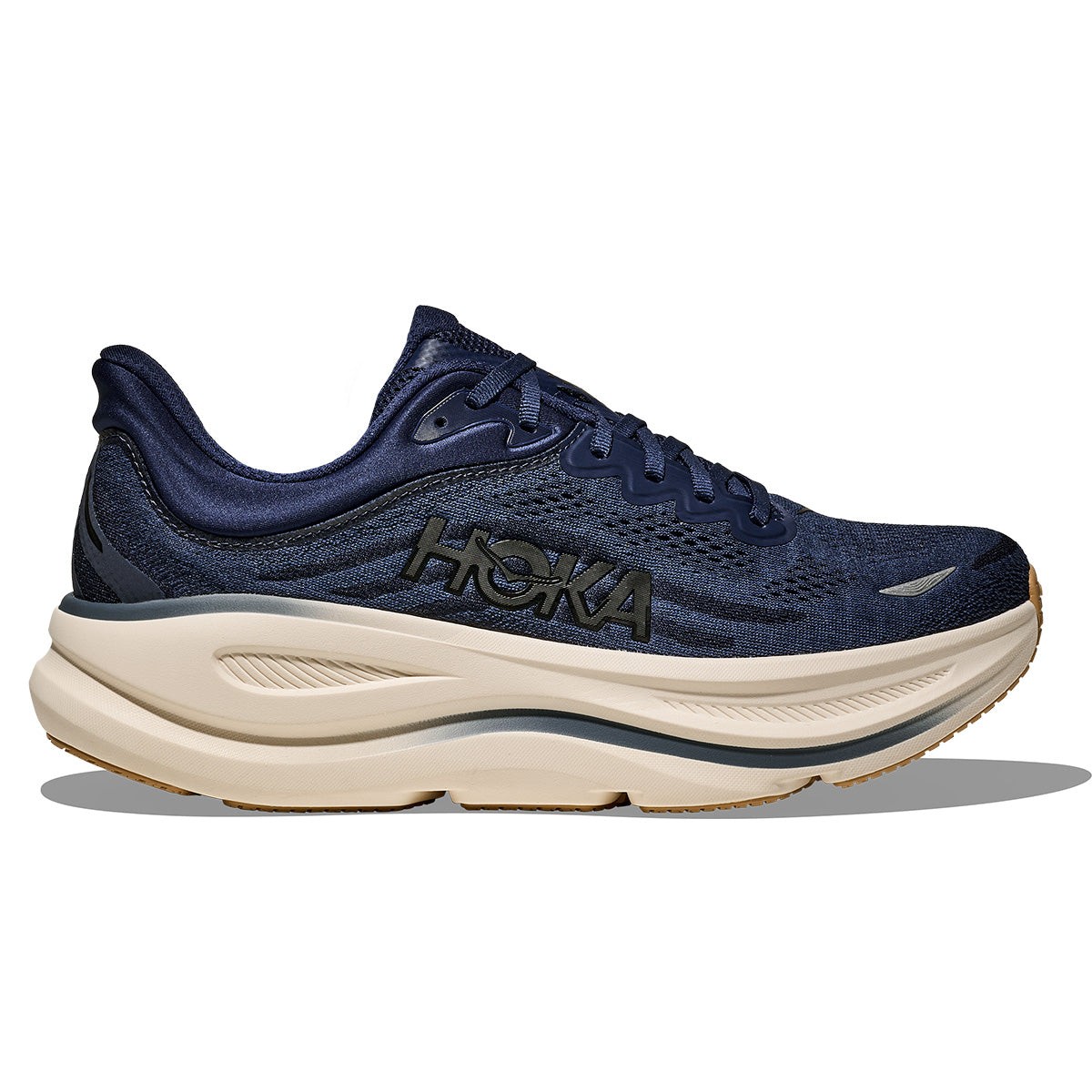 Midnight blue and varsity navy HOKA Bondi 9 sneakers featuring a breathable mesh upper, cushioned midsole, and a durable rubber outsole.