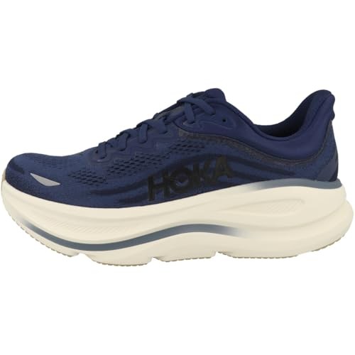 HOKA Men's Bondi 9 Shoes in Midnight Blue and Varsity Navy, featuring a breathable mesh upper, cushioned midsole, and signature HOKA branding on the side, size 8.