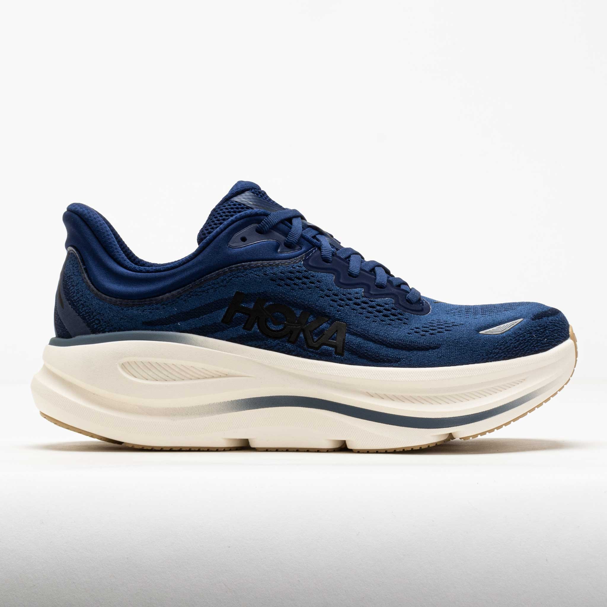 Men's HOKA Bondi 9 running shoes in Midnight/Varsity Navy, featuring a breathable mesh upper, cushioned midsole, and a sleek design with a prominent HOKA logo.