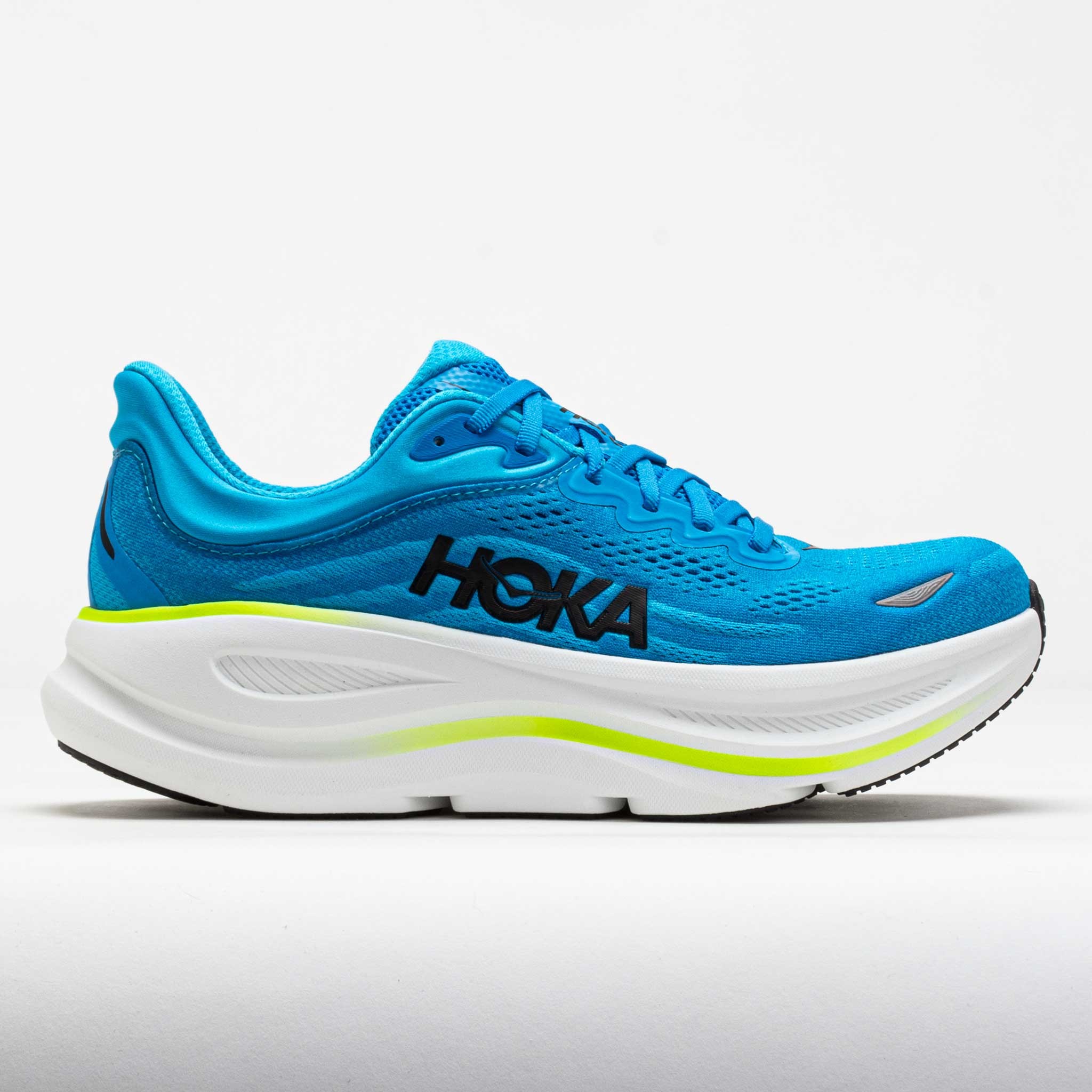 Men's HOKA Bondi 9 running shoe in vibrant blue with a breathable mesh upper, cushioned midsole, and black logo, featuring a sleek design and a durable outsole.