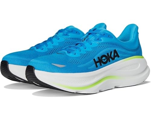 Men's HOKA Bondi 9 running shoes in vibrant blue with a breathable mesh upper, cushioned sole, and prominent HOKA branding on the side.