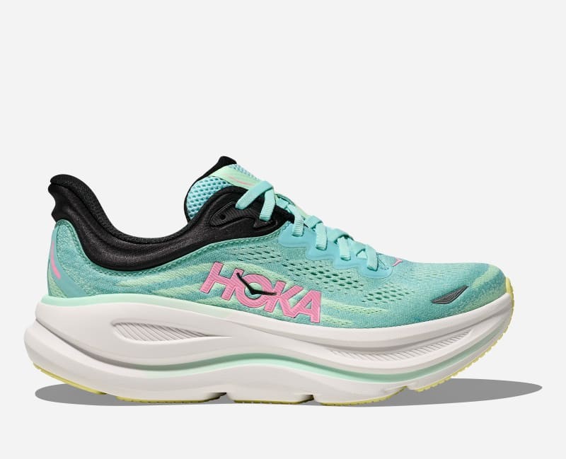 HOKA Women's Bondi 9 Road Running Shoes in Blue Spark and Mint Fluorite, featuring a breathable mesh upper, cushioned midsole, and a pink logo on the side, size 3.5.