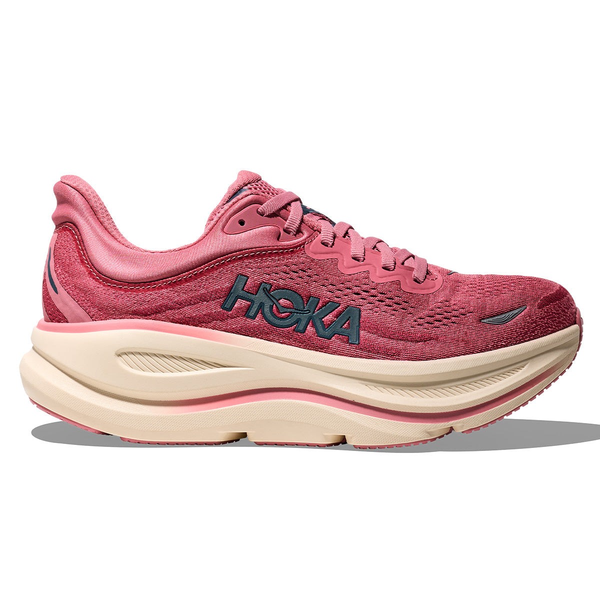 Maroon Hoka Bondi 9 women's sneakers in size 4.0, featuring a breathable mesh and synthetic upper, thick cushioning, and a prominent HOKA logo on the side.