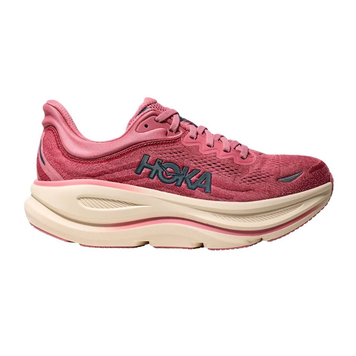 Women's HOKA Bondi 9 running shoes in a vibrant lingonberry and cranberry colorway, featuring a breathable mesh upper, cushioned midsole, and signature HOKA branding on the side.