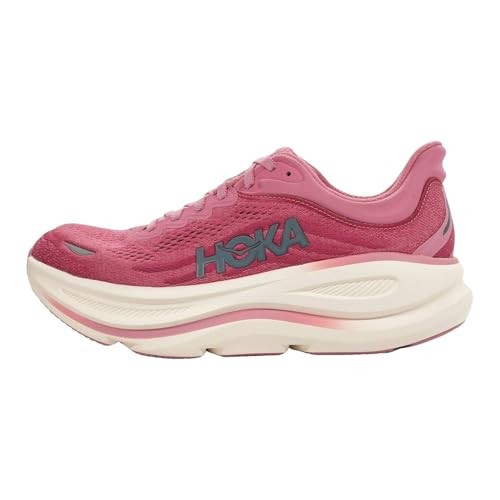 Women's HOKA Bondi 9 running shoe in pink, featuring a breathable mesh upper, cushioned midsole, and a distinctive logo on the side.