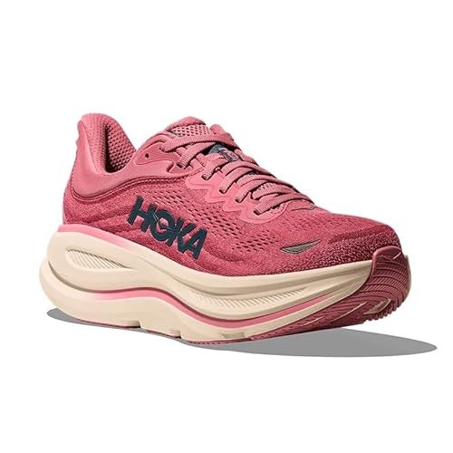 Women's HOKA Bondi 9 running shoes in pink, featuring a breathable mesh upper, cushioned sole, and prominent HOKA branding on the side.