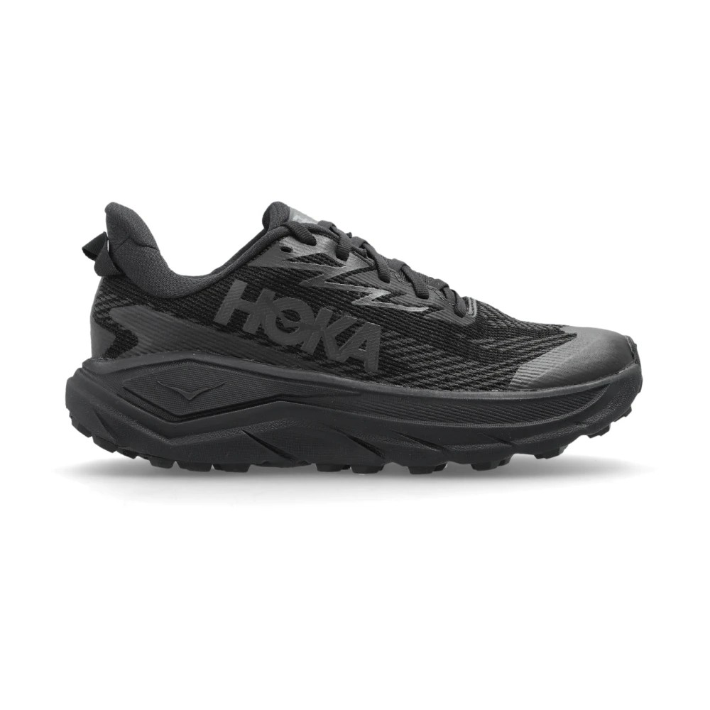 Women's HOKA Challenger 8 trail running shoes in black and cranberry, featuring a breathable mesh upper, cushioned sole, and rugged outsole for enhanced traction.