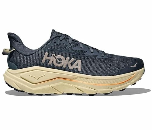 HOKA Men's Challenger 8 Road Running Shoes feature a faded navy upper with Pampas Grass accents, a cushioned sole, and a breathable mesh material, size 10.5 W.