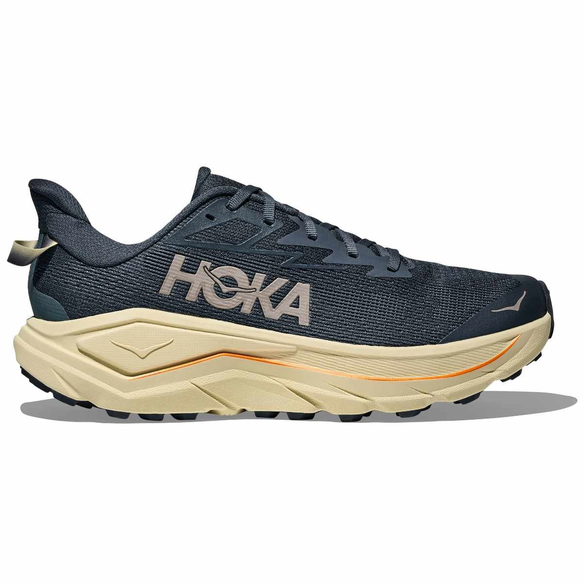 HOKA Men's Challenger 8 Road Running Shoes feature a faded navy upper with pampas grass accents, a cushioned sole, and a breathable mesh material, size 11.5 W.