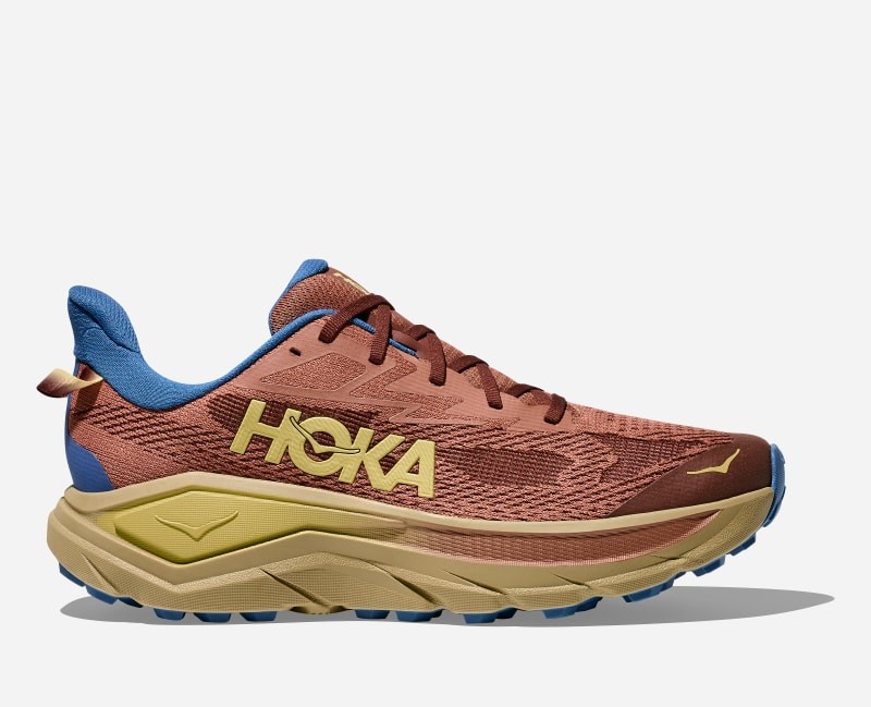 HOKA Men's Challenger 8 Road Running Shoes in Maple and Cardamom, featuring a breathable mesh upper, cushioned sole, and vibrant blue accents, size 10.5 W.