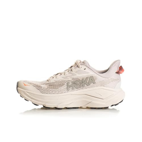 Women's HOKA Challenger 8 shoes in stucco and asphalt grey, featuring a breathable mesh upper, cushioned sole, and a distinctive logo on the side.