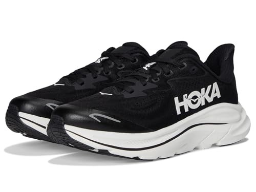 Black and white HOKA Clifton 10 shoes for kids, featuring a sleek design, breathable mesh upper, cushioned sole, and prominent HOKA logo on the side.